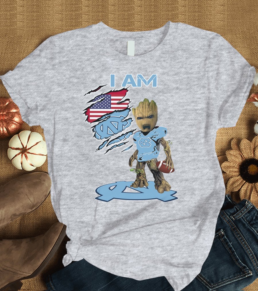 I AM Tarheel Baby Groot UNC Football USA Flag T-Shirt