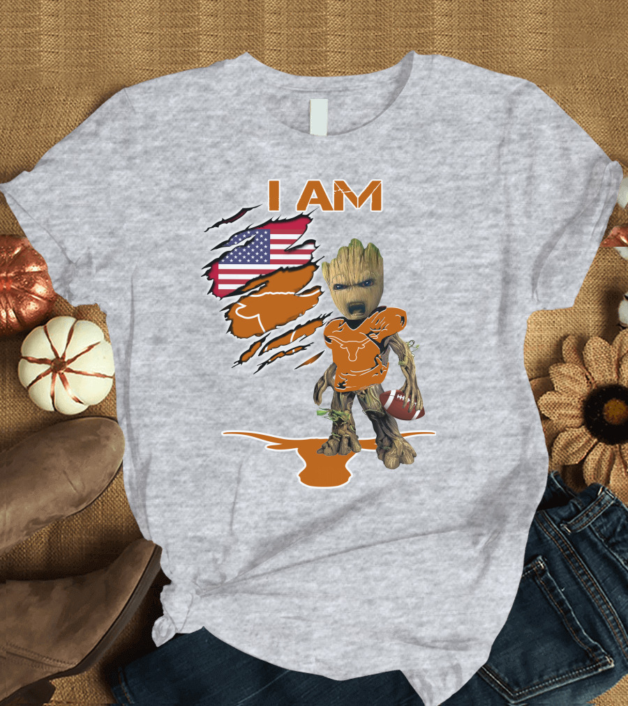 I AM Longhorn Baby Groot Football USA Flag T-Shirt