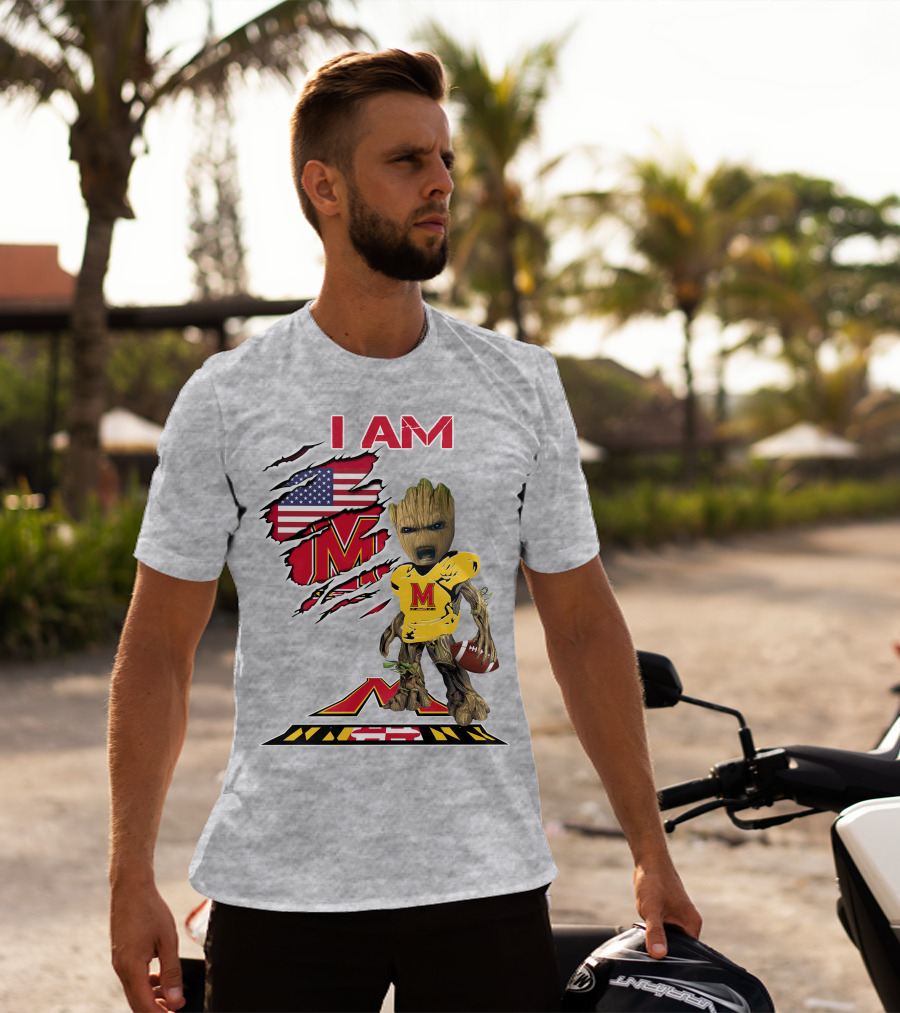 I AM Baby Groot Maryland Football American Flag M T-Shirt
