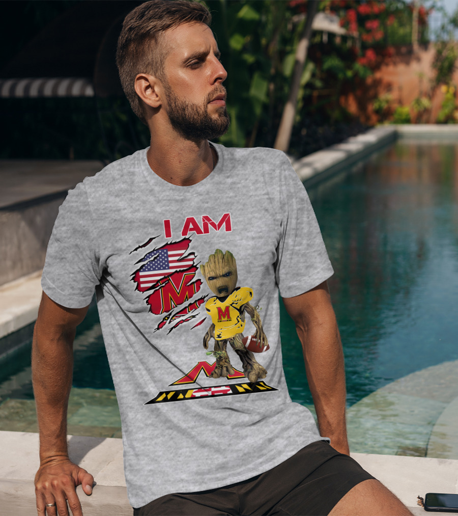 I AM Baby Groot Maryland Football American Flag M T-Shirt