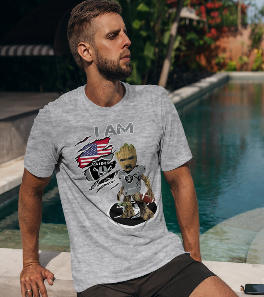 I Am Raiders Baby Groot American Flag Football T-Shirt