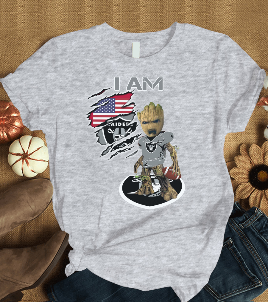I Am Raiders Baby Groot American Flag Football T-Shirt