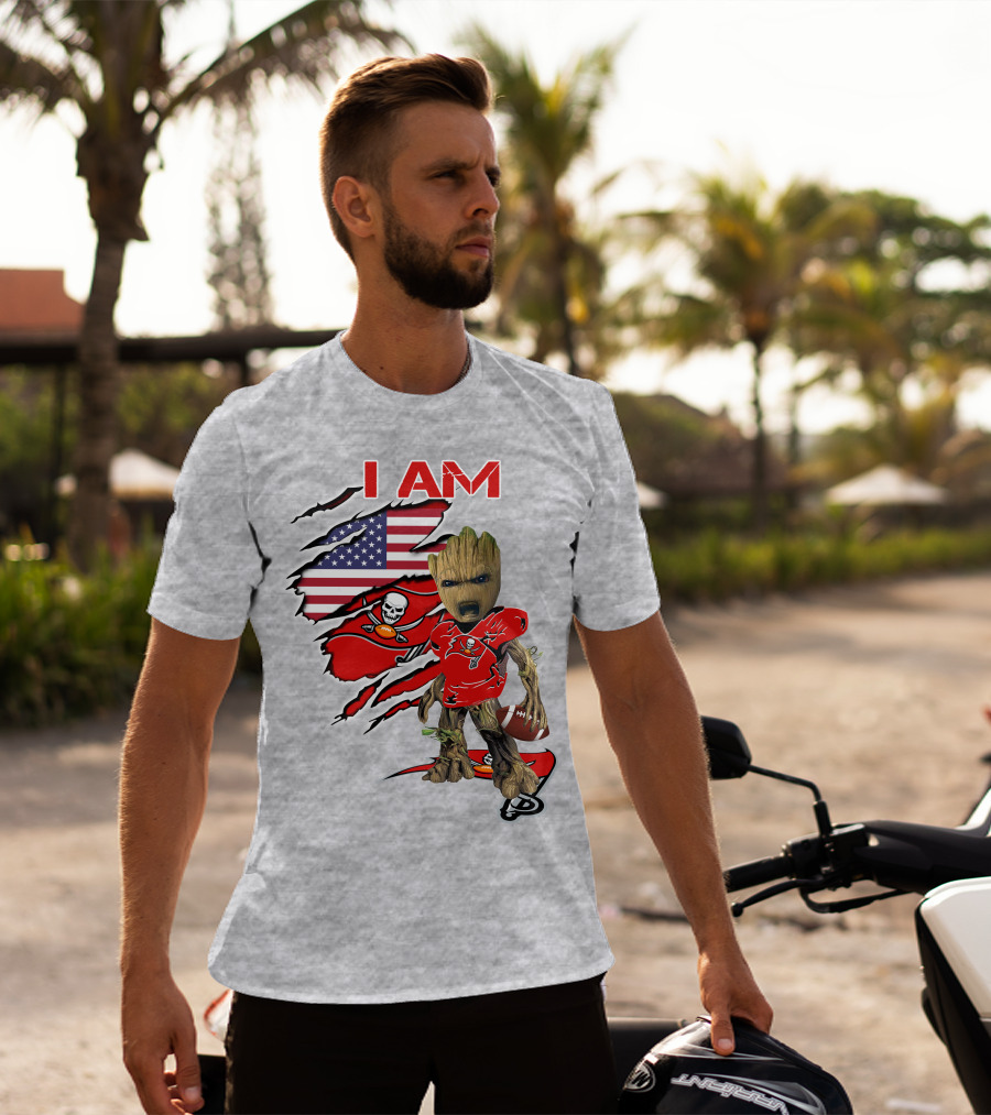 I Am Buc Baby Groot American Flag Football Buccaneers T-Shirt