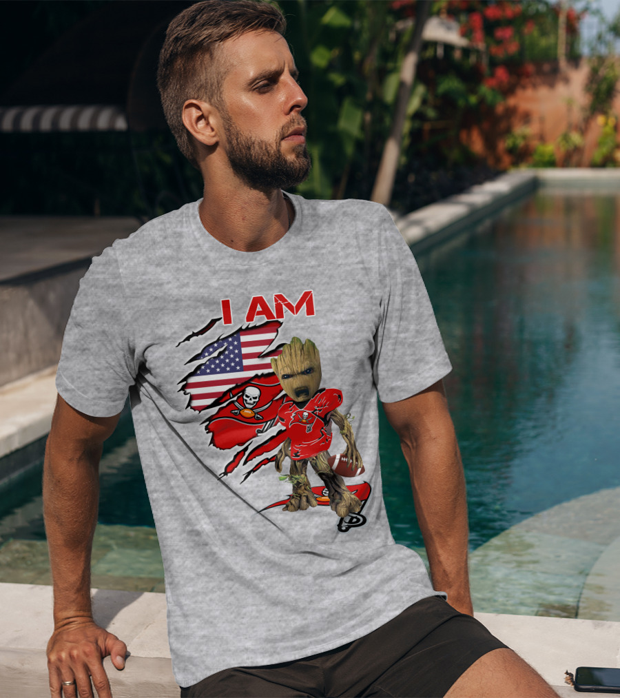I Am Buc Baby Groot American Flag Football Buccaneers T-Shirt