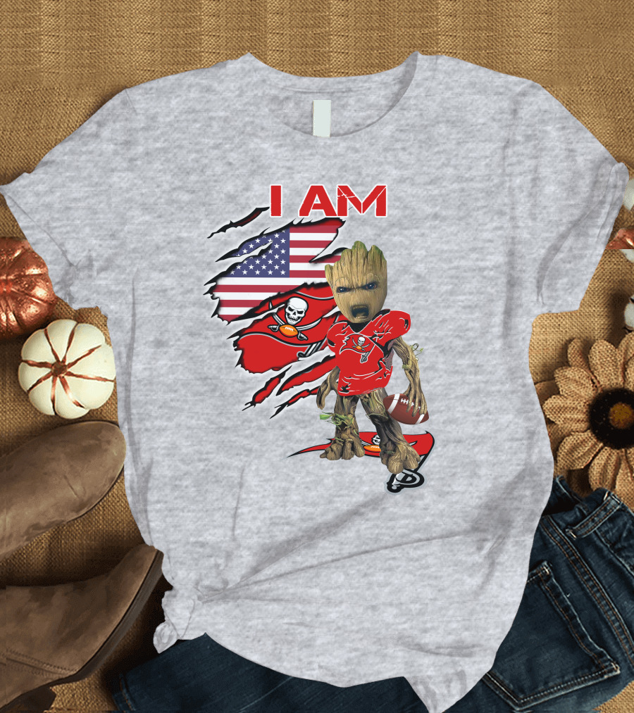 I Am Buc Baby Groot American Flag Football Buccaneers T-Shirt