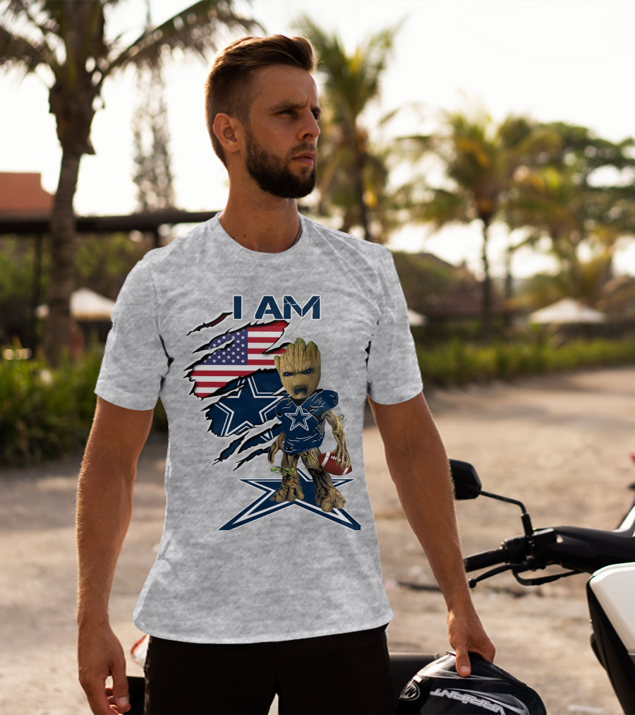 I Am Baby Groot Cowboys Fan With American Flag And Football T-Shirt
