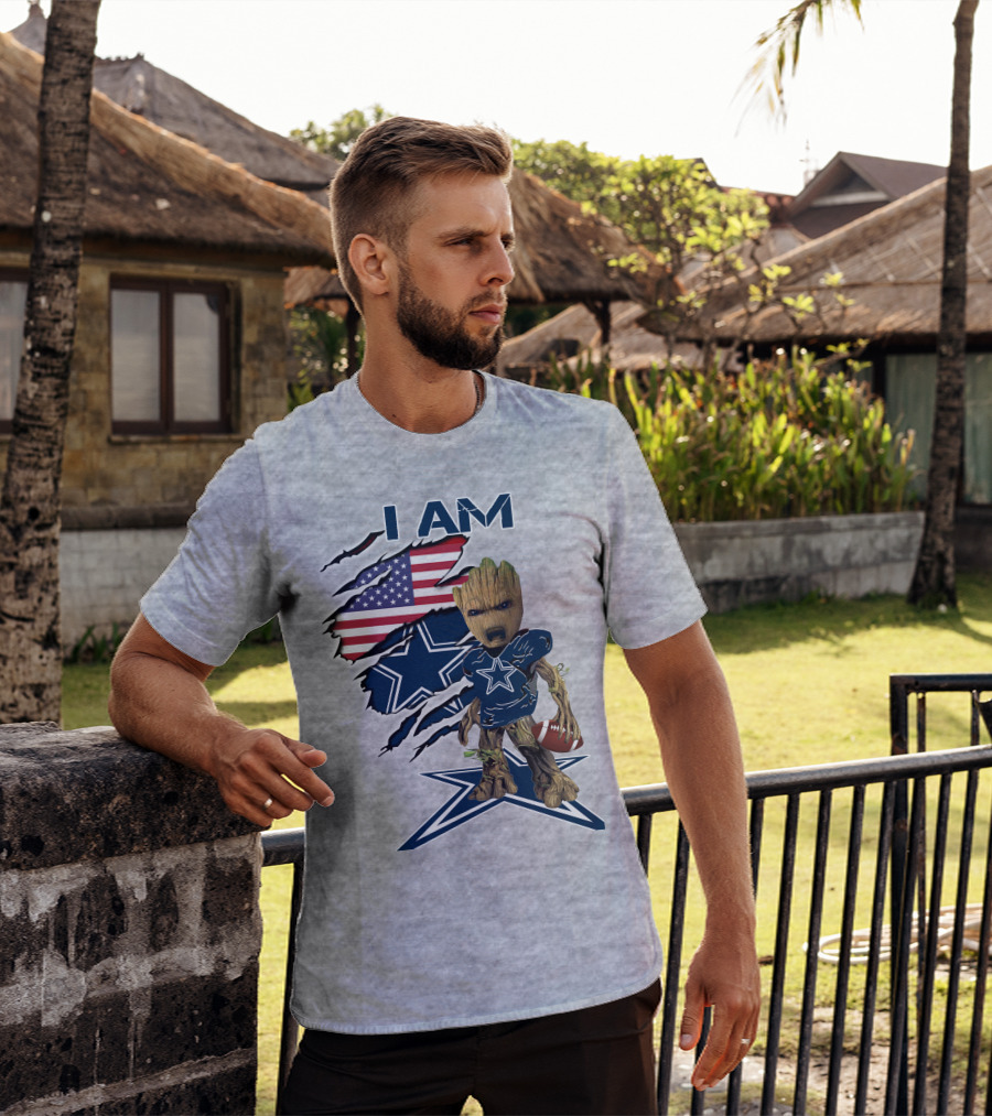 I Am Baby Groot Cowboys Fan With American Flag And Football T-Shirt