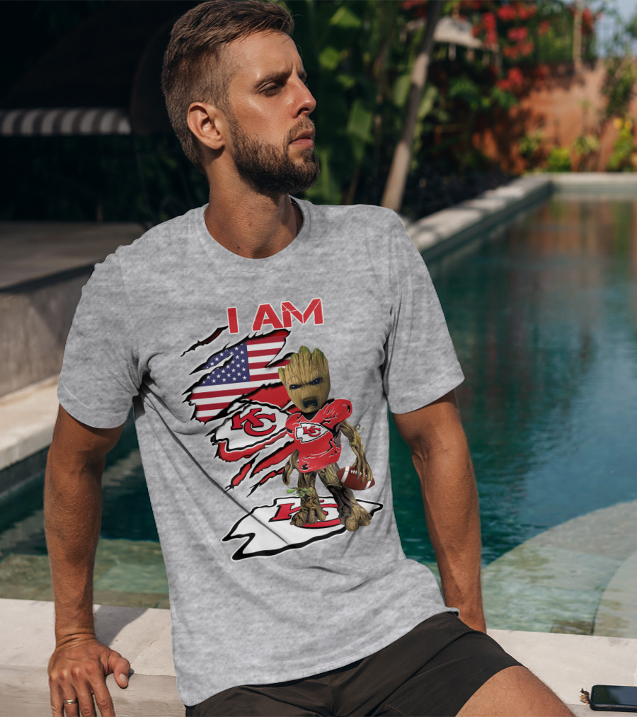 I Am Chiefs Baby Groot Kansas City Football American Flag T-Shirt