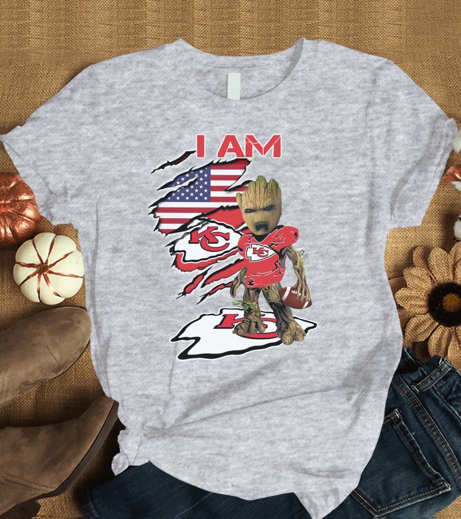 I Am Chiefs Baby Groot Kansas City Football American Flag T-Shirt