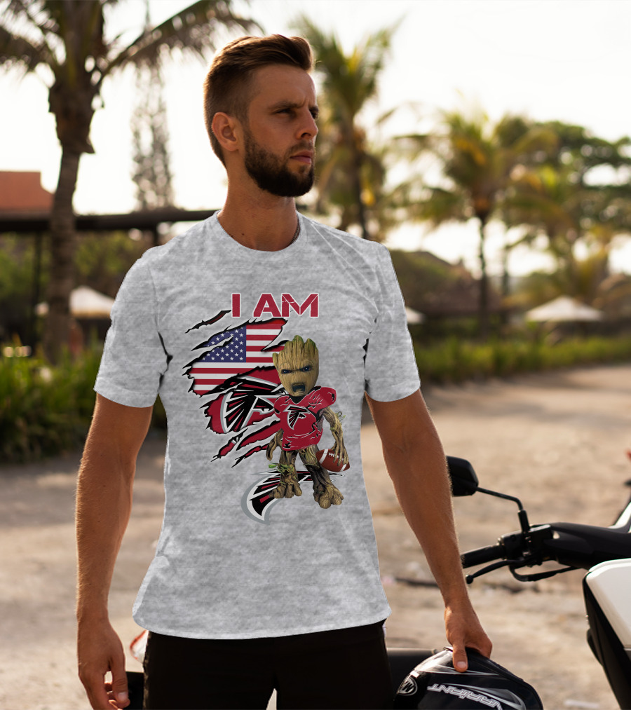 I Am Falcons Baby Groot Usa Flag Football T-Shirt
