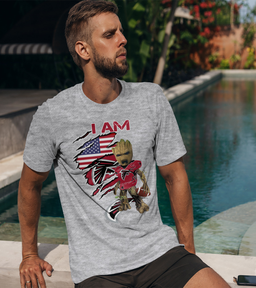 I Am Falcons Baby Groot Usa Flag Football T-Shirt