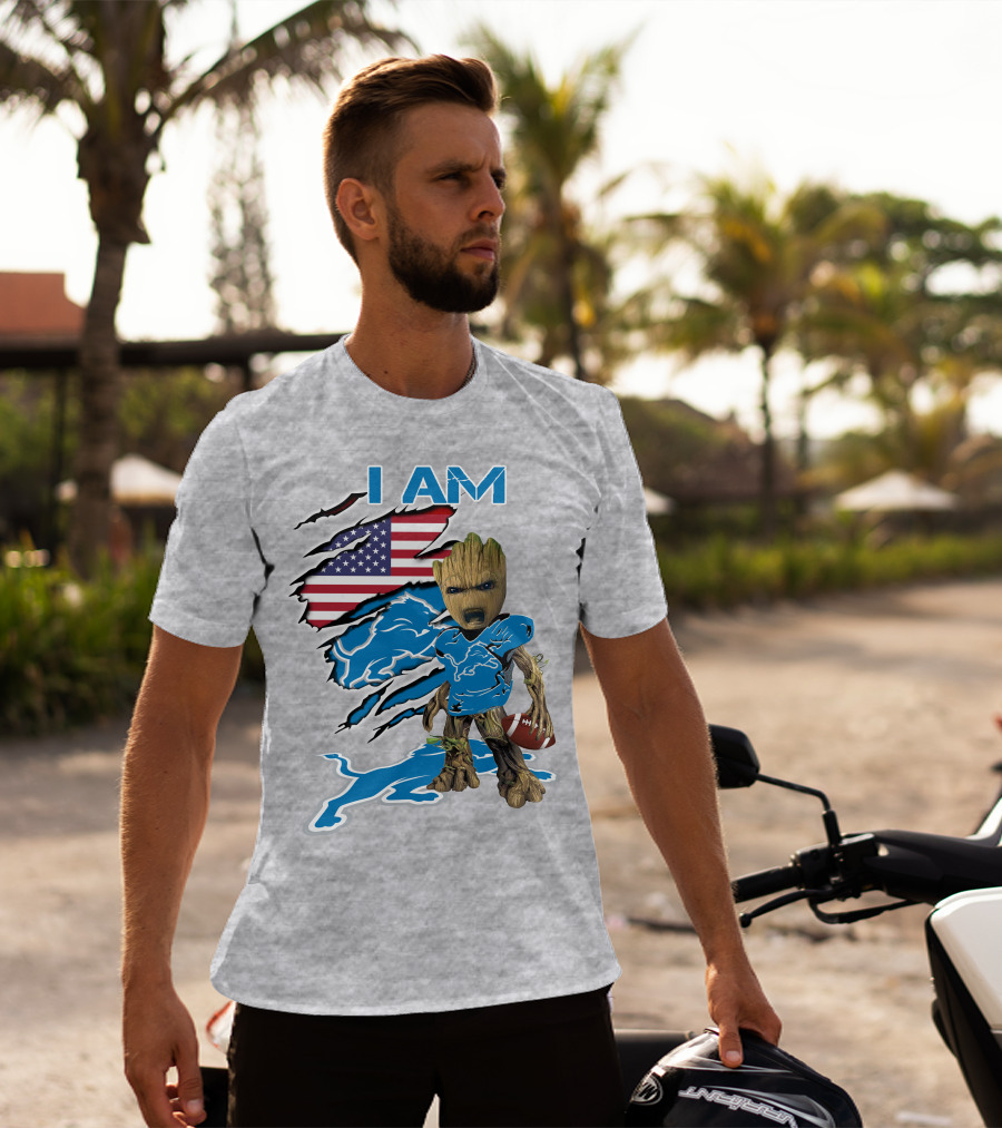 I Am Lions Baby Groot Football American Flag T-Shirt