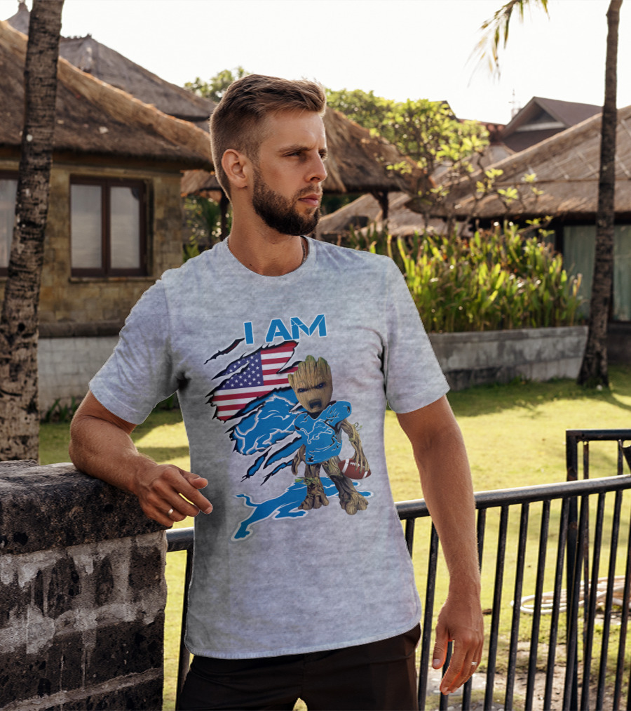 I Am Lions Baby Groot Football American Flag T-Shirt