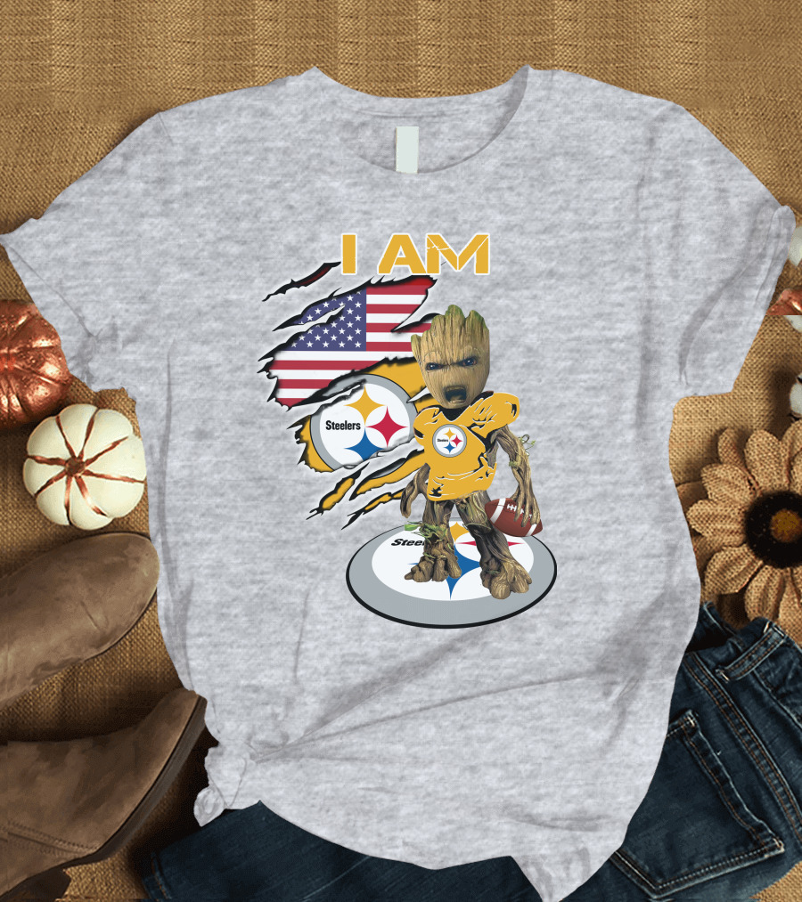 I AM Steelers Baby Groot American Flag Football Fan Gear T-Shirt