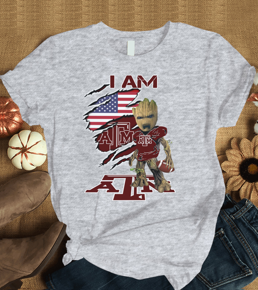 I Am Texas A&M Baby Groot American Flag Football T-Shirt