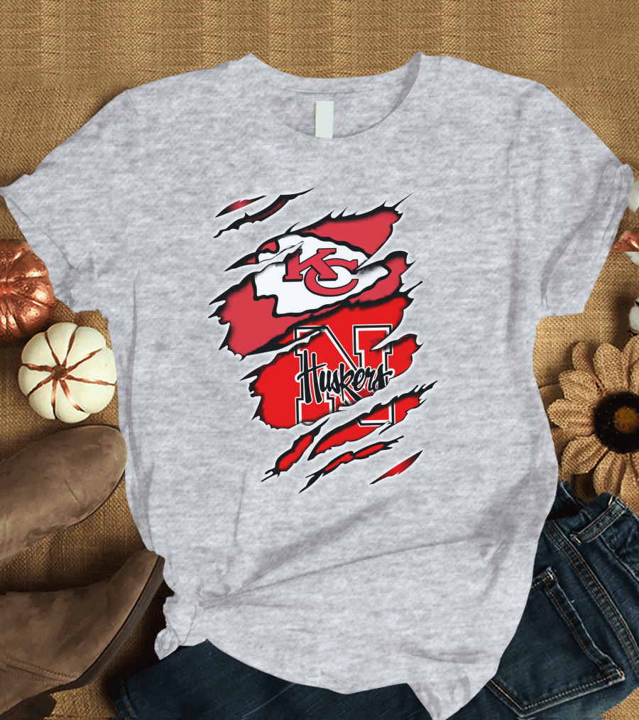 Chiefs Huskers Kansas City Nebraska Iconic Red White Torn T-Shirt