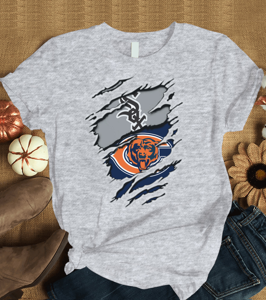 Chicago Bears White Sox Logos Ripped Torn Claw Marks T-Shirt