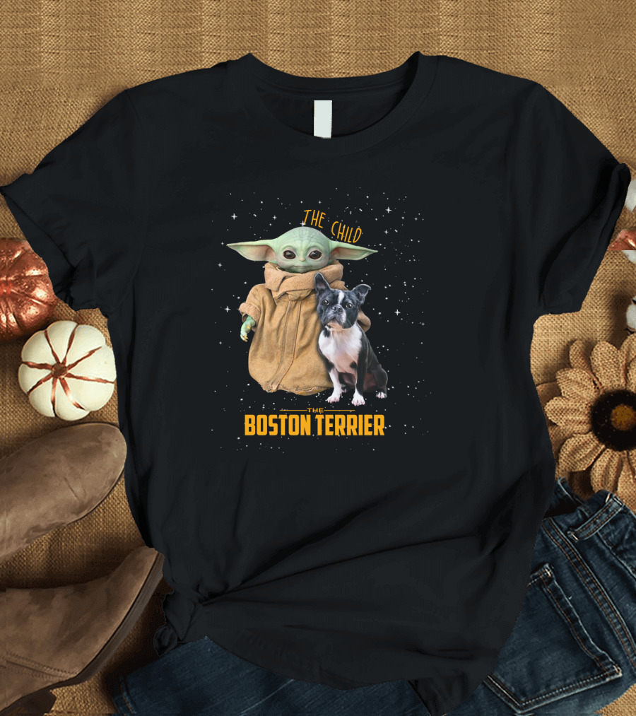 The Child Baby Yoda and Boston Terrier Duo in Space T-Shirt