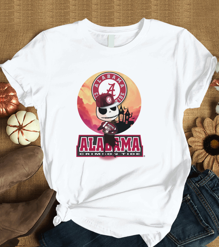 Alabama Crimson Tide Skeleton Character Holding Football In Front Of Haunted House T-Shirt