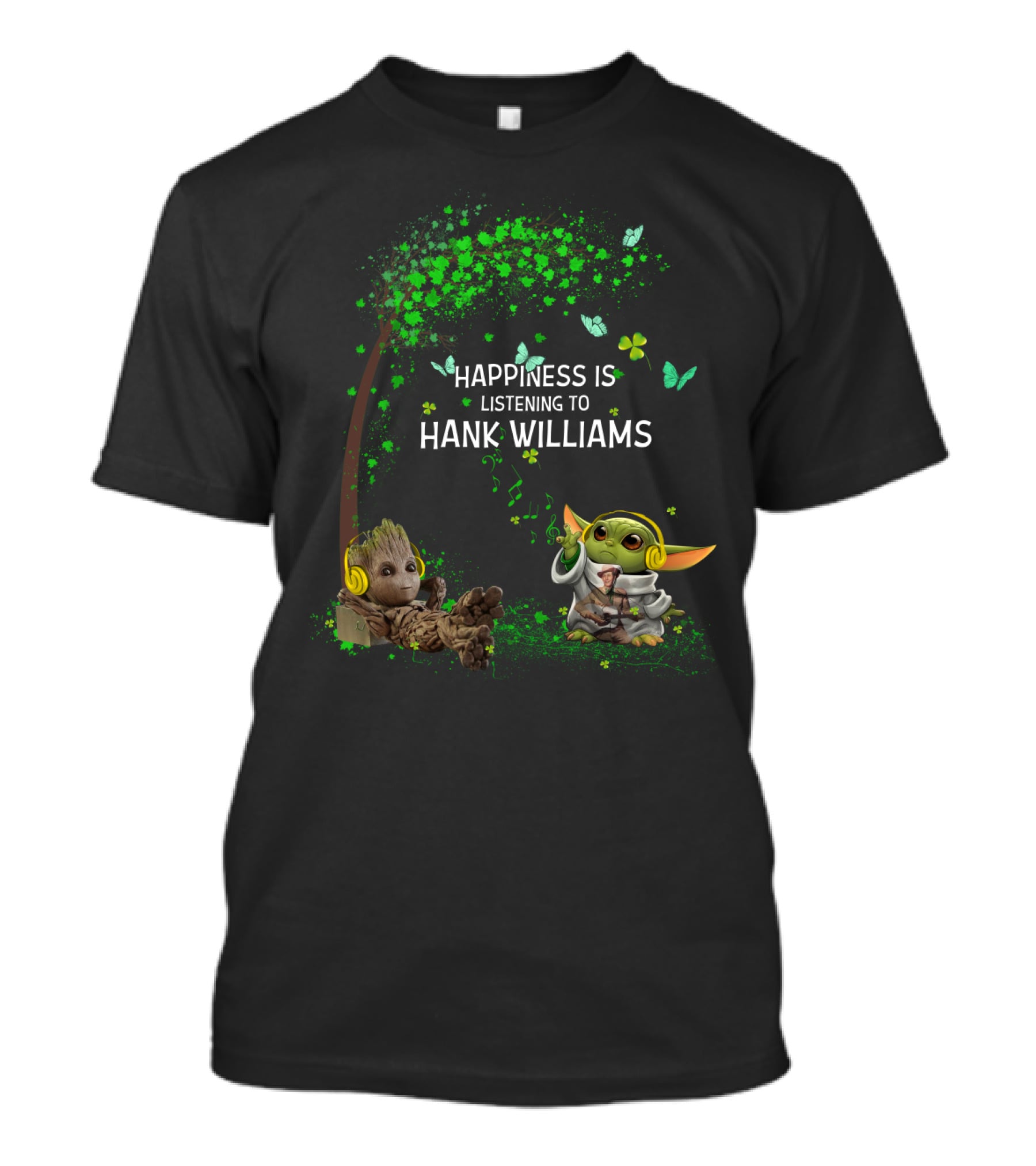 Happiness Is Listening To Hank Williams With Cute Groot And Baby Alien Character Under Tree T-Shirt