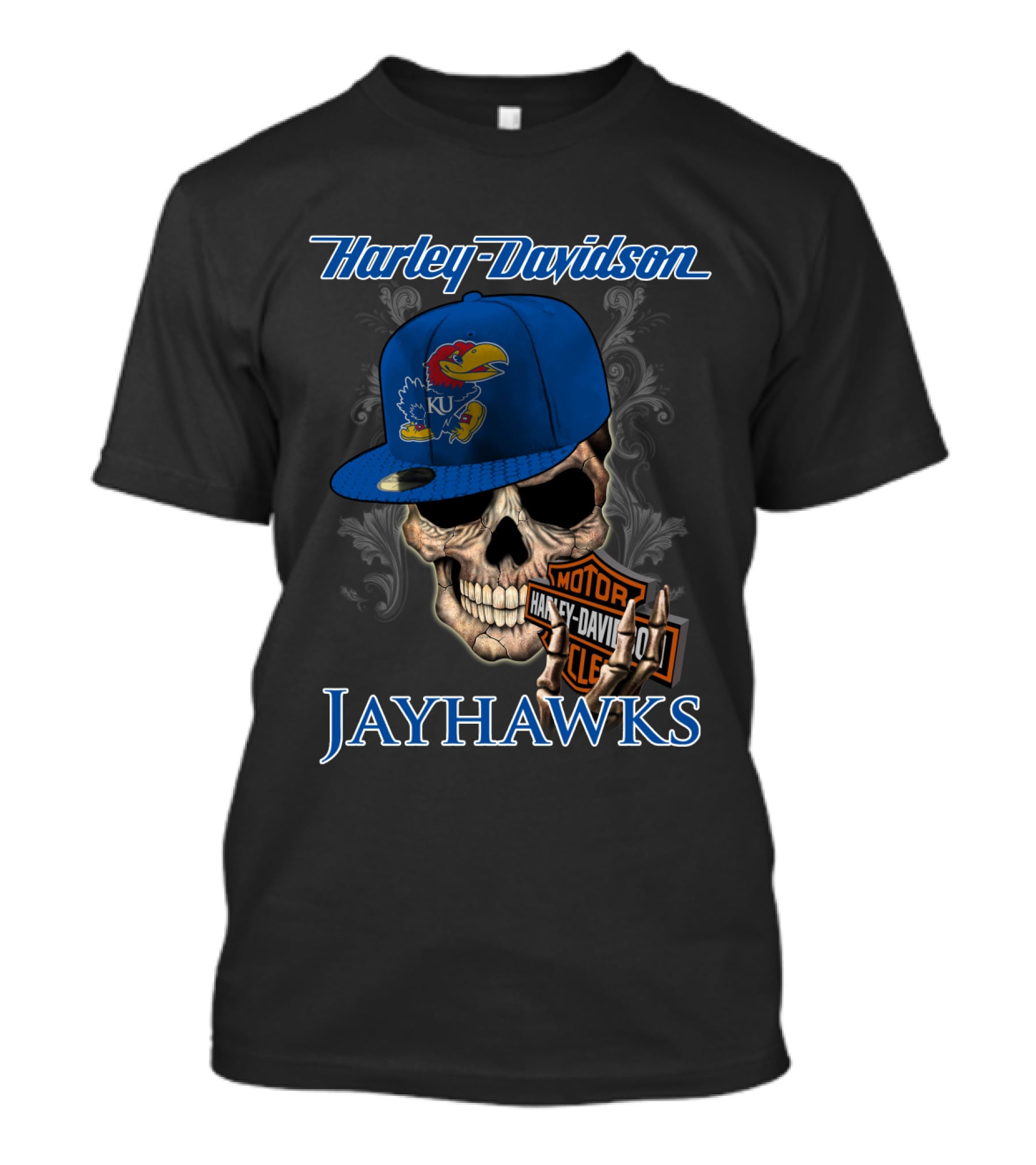 Harley Davidson Skull Kansas Jayhawks Ku Hat T-Shirt