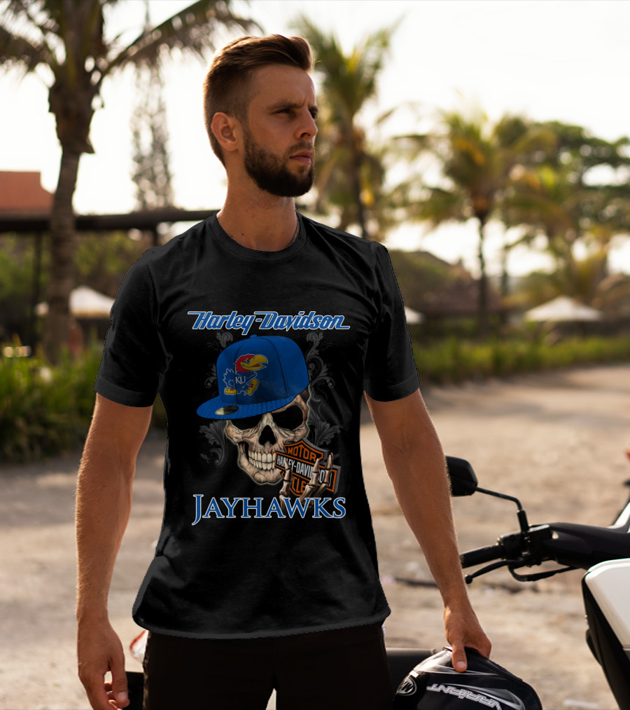 Harley Davidson Skull Kansas Jayhawks Ku Hat T-Shirt