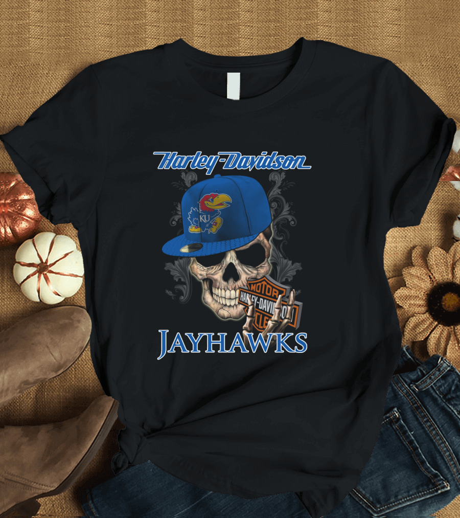 Harley Davidson Skull Kansas Jayhawks Ku Hat T-Shirt