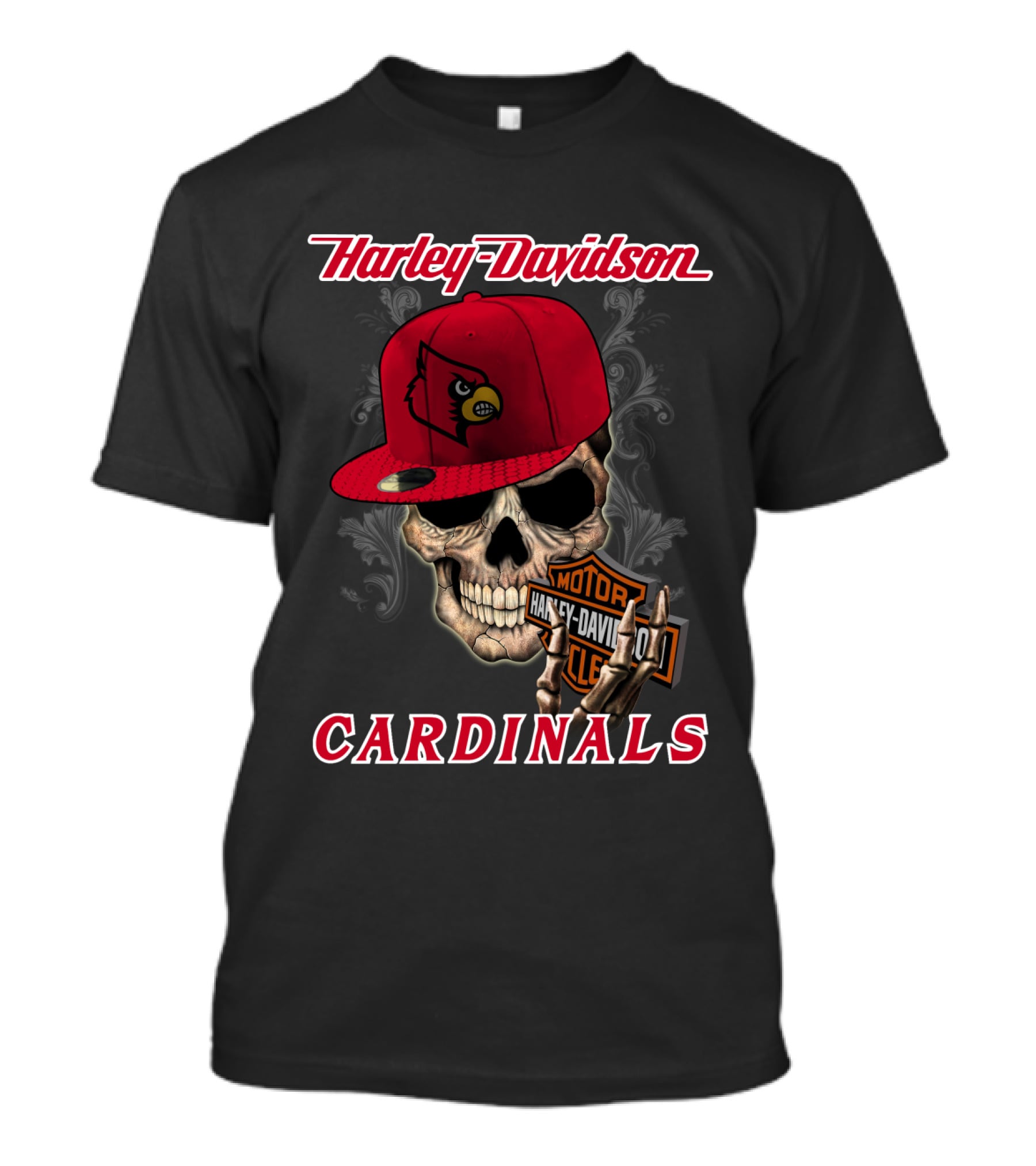 Harley Davidson Skull With Louisville Cardinals Hat T-Shirt