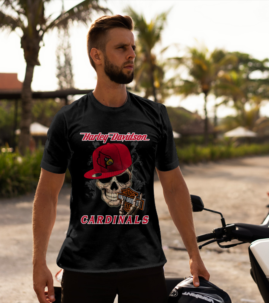 Harley Davidson Skull With Louisville Cardinals Hat T-Shirt