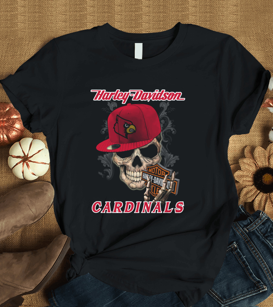 Harley Davidson Skull With Louisville Cardinals Hat T-Shirt