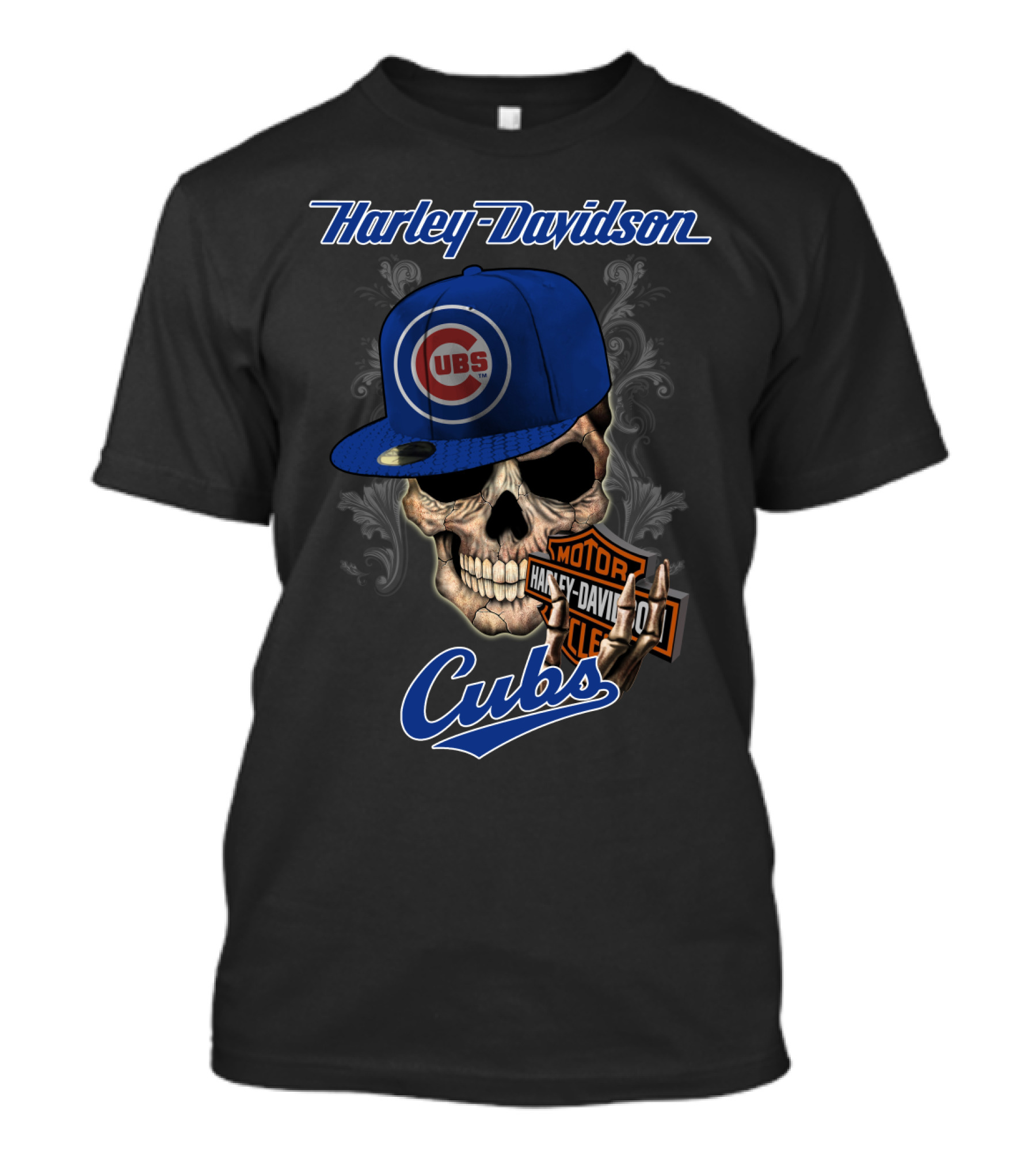 Harley Davidson Skull With Chicago Cubs Hat T-Shirt