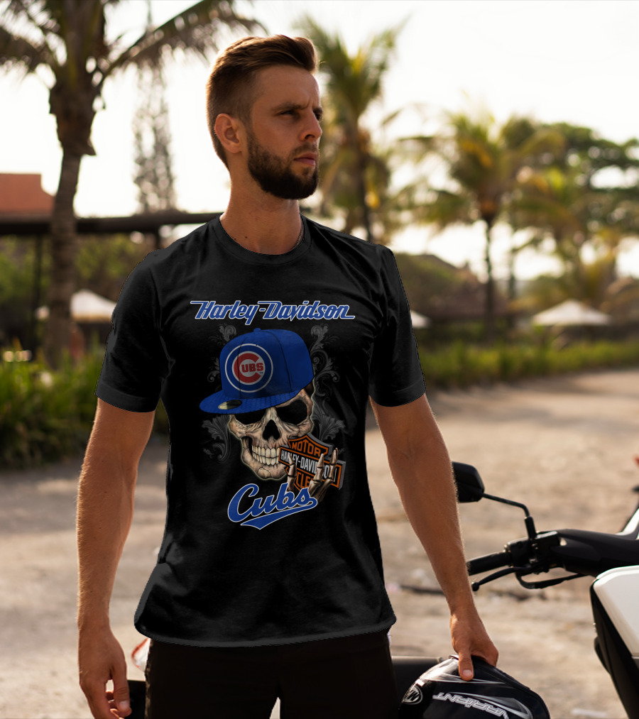 Harley Davidson Skull With Chicago Cubs Hat T-Shirt