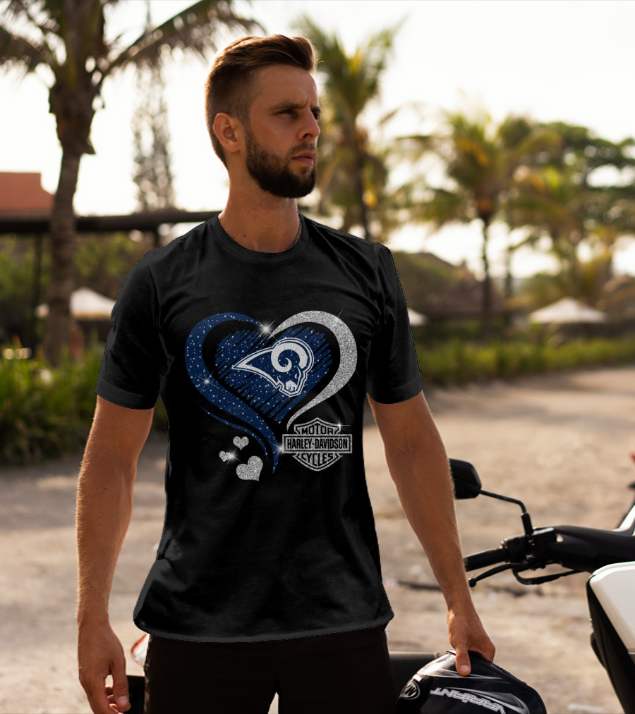 Hd Los Angeles Rams Harley Davidson Sparkle Heart Combination T-Shirt