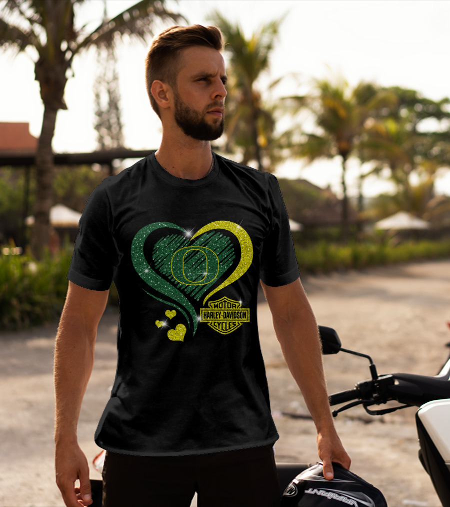 Oregon Ducks Heart Harley Davidson Motorcycles T-Shirt