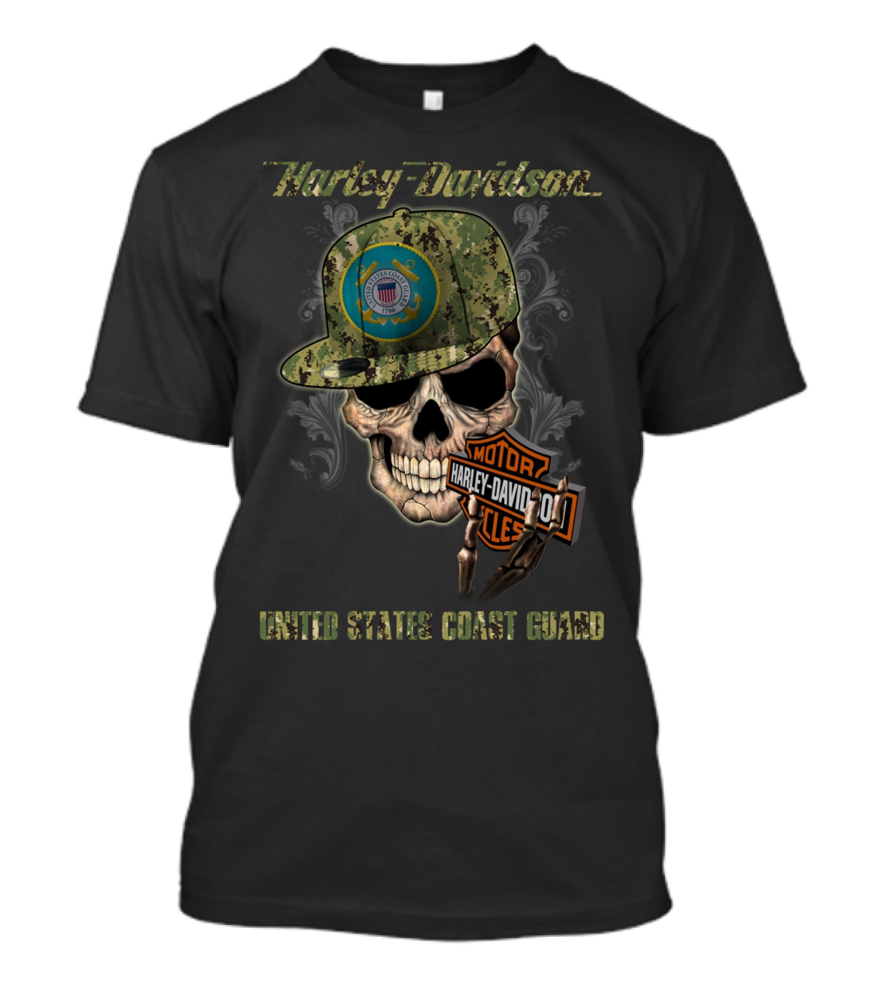 Harley Davidson United States Coast Guard Skull With Camo Cap T-Shirt