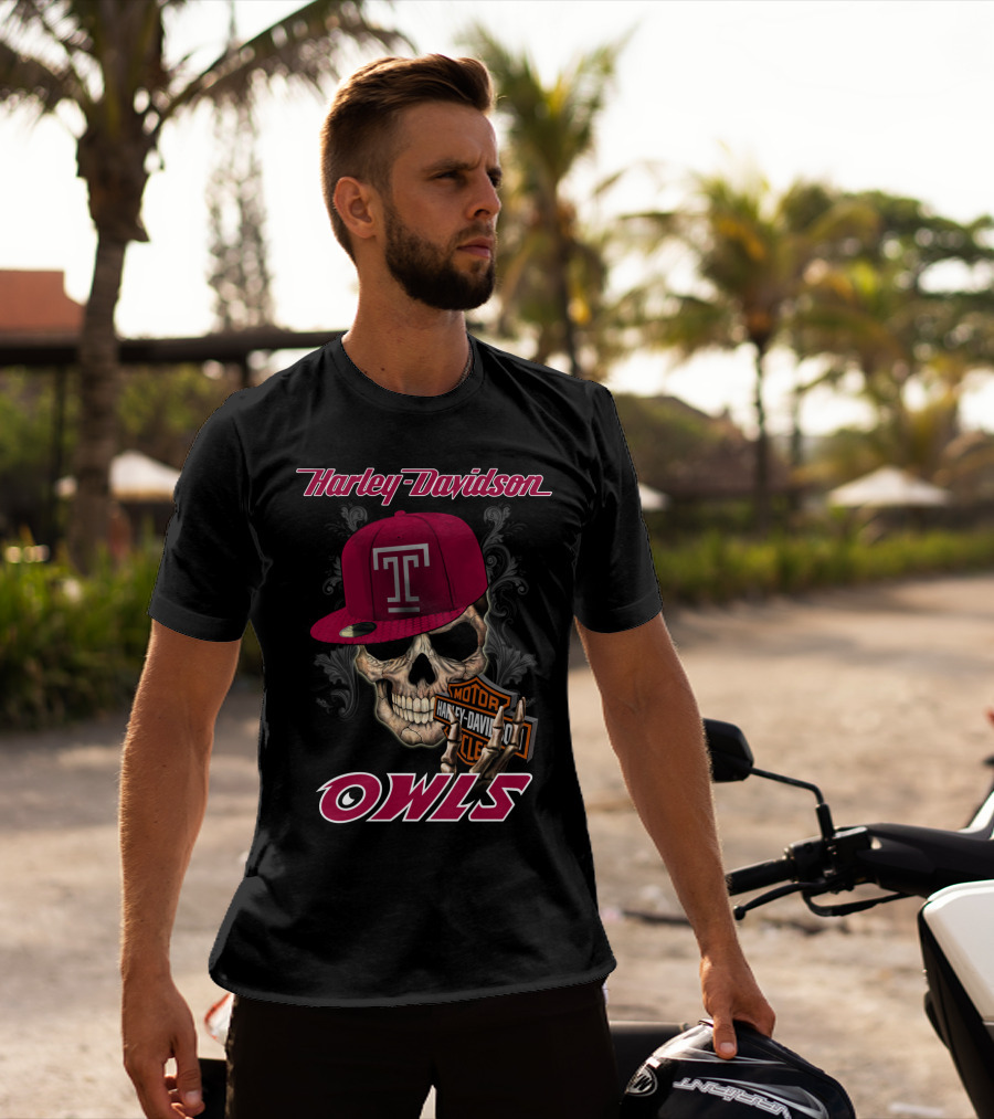 Harley Davidson Temple Owls Skull With T Cap T-Shirt