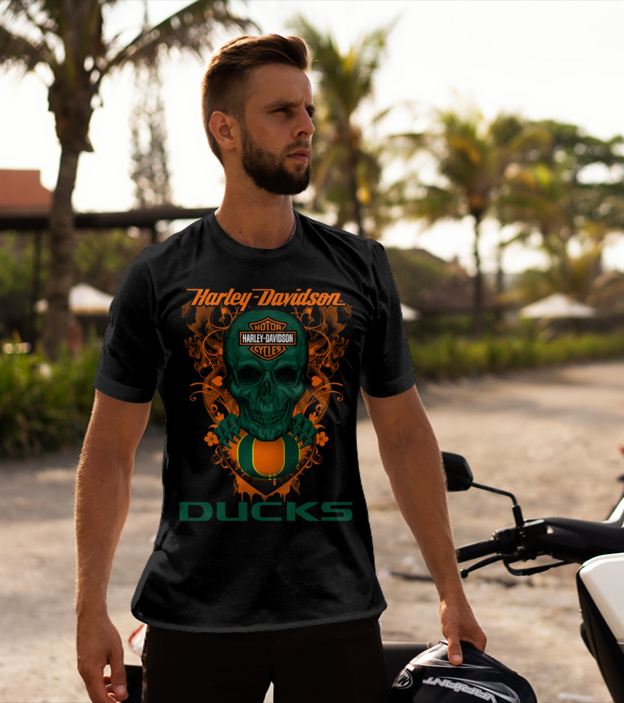 Harley Davidson Motorcycles Oregon Ducks Skulls T-Shirt