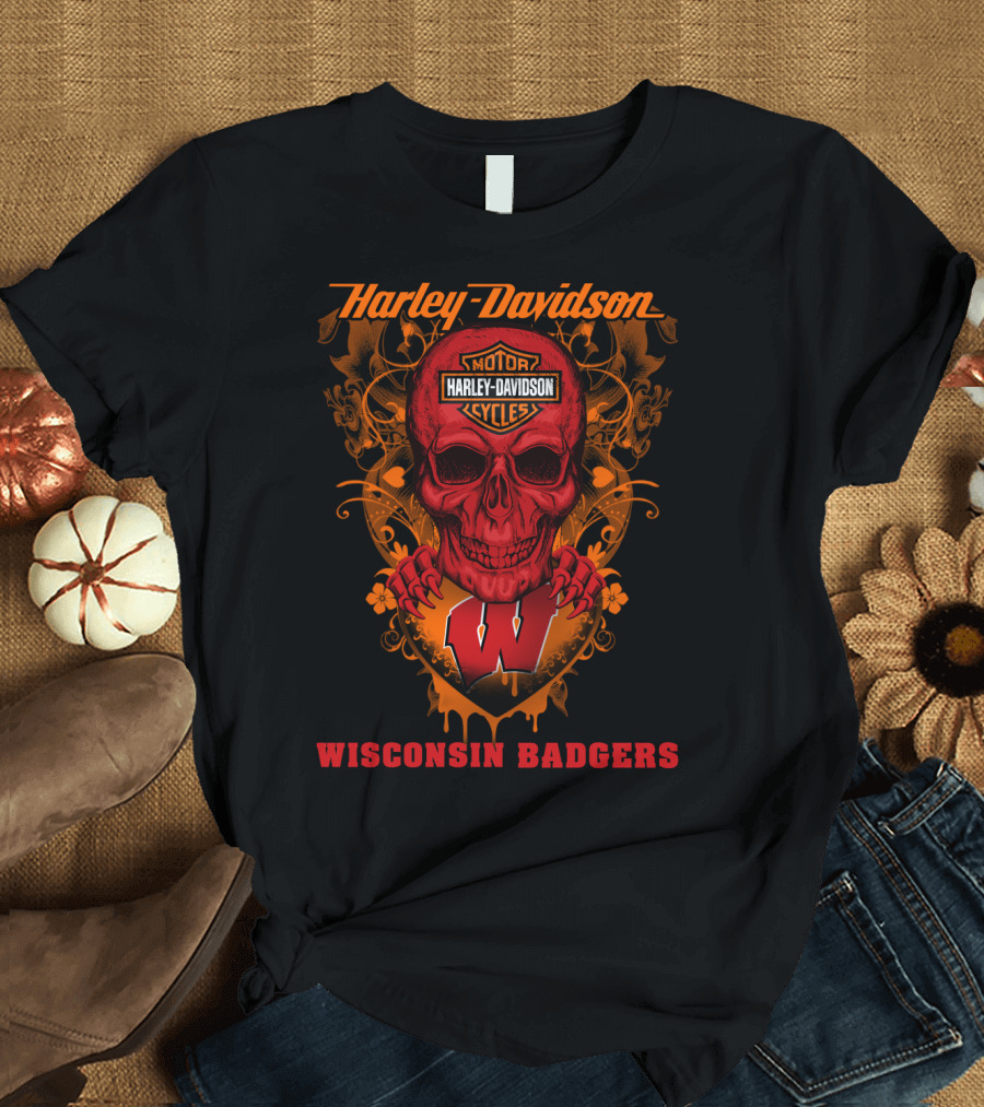 Harley Davidson Skull Motorcycles Wisconsin Badgers T-Shirt