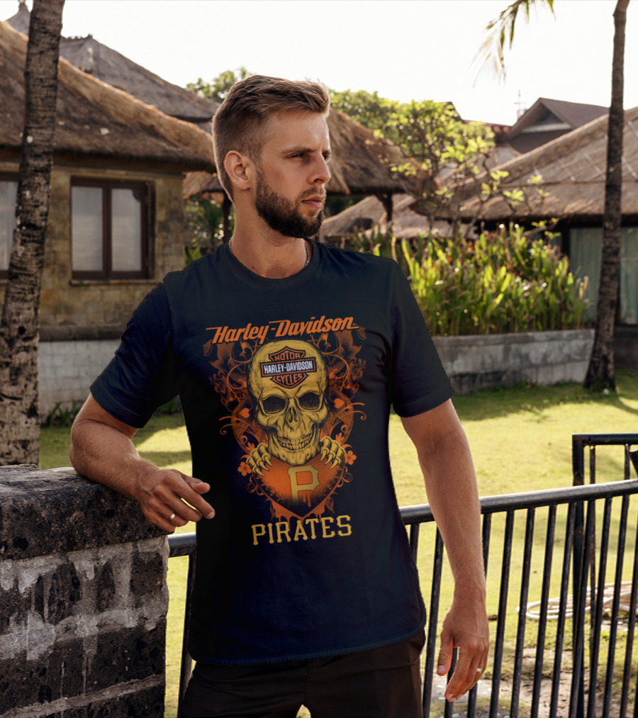 Harley Davidson Motor Cycles Skull Pittsburgh Pirates T-Shirt