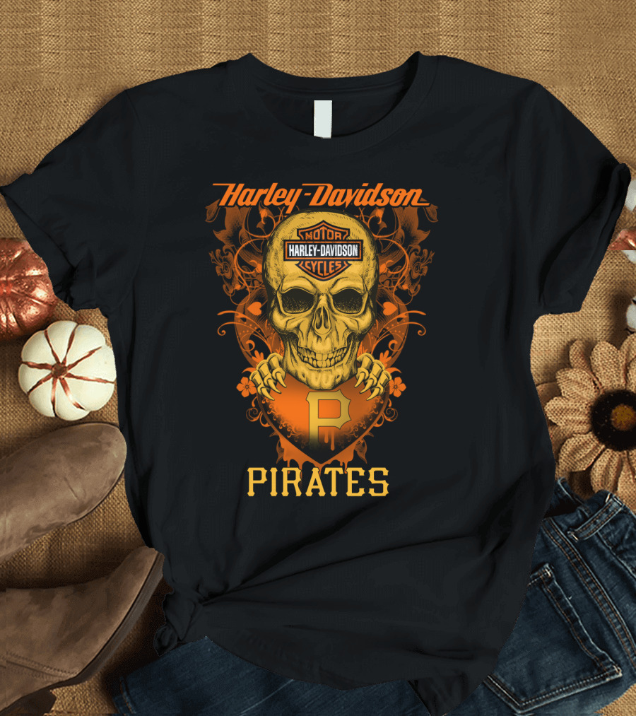 Harley Davidson Motor Cycles Skull Pittsburgh Pirates T-Shirt