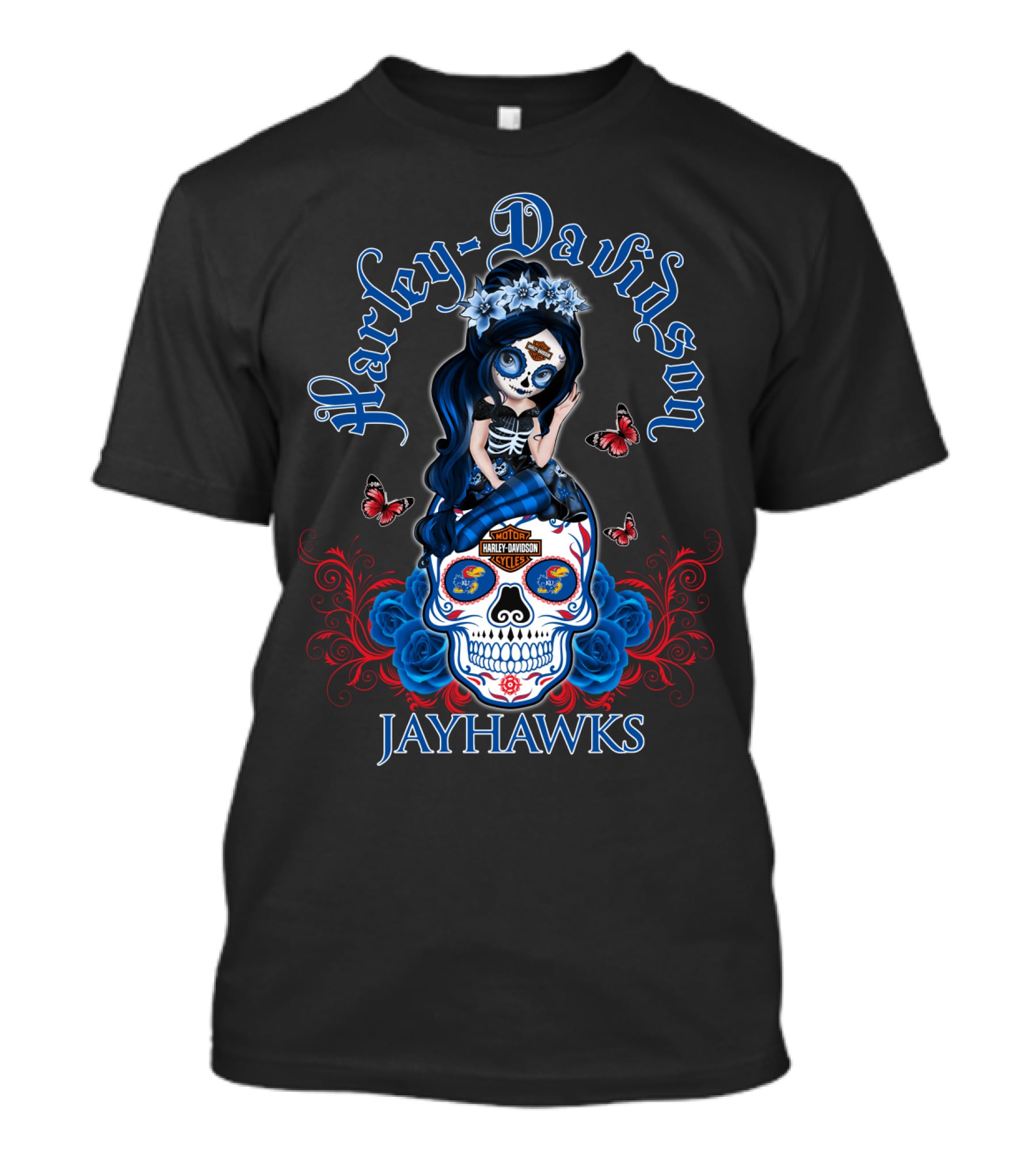 Harley Davidson Jayhawks Motorcycle Style With Day Of The Dead Skull And Butterflies T-Shirt