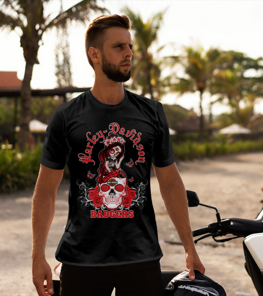 Harley Davidson Wisconsin Badgers Skull Rose Blossoms T-Shirt