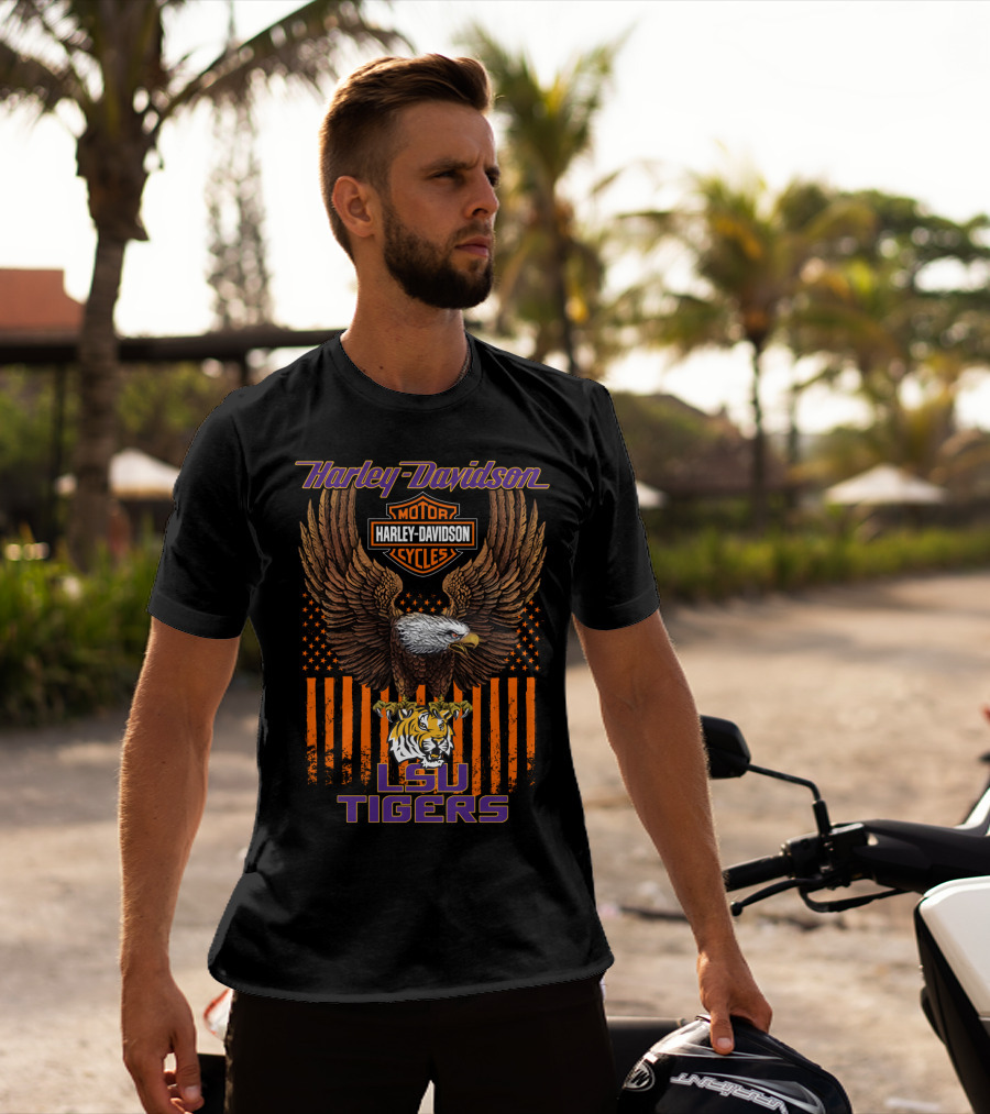 Harley Davidson Lsu Tigers Eagle And Stripes T-Shirt