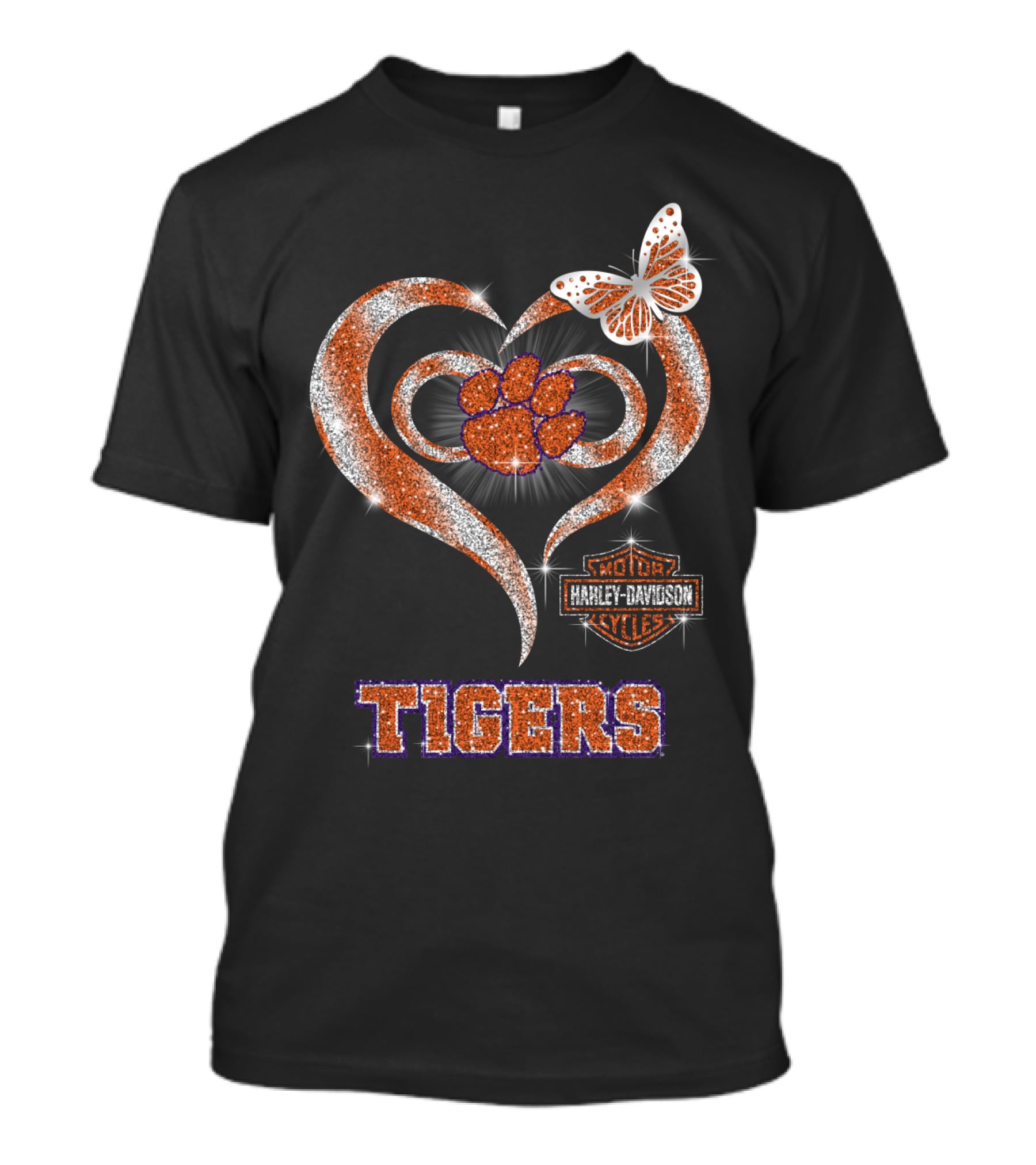 Clemson Tigers Harley Davidson Heart With Paw Print And Butterfly T-Shirt