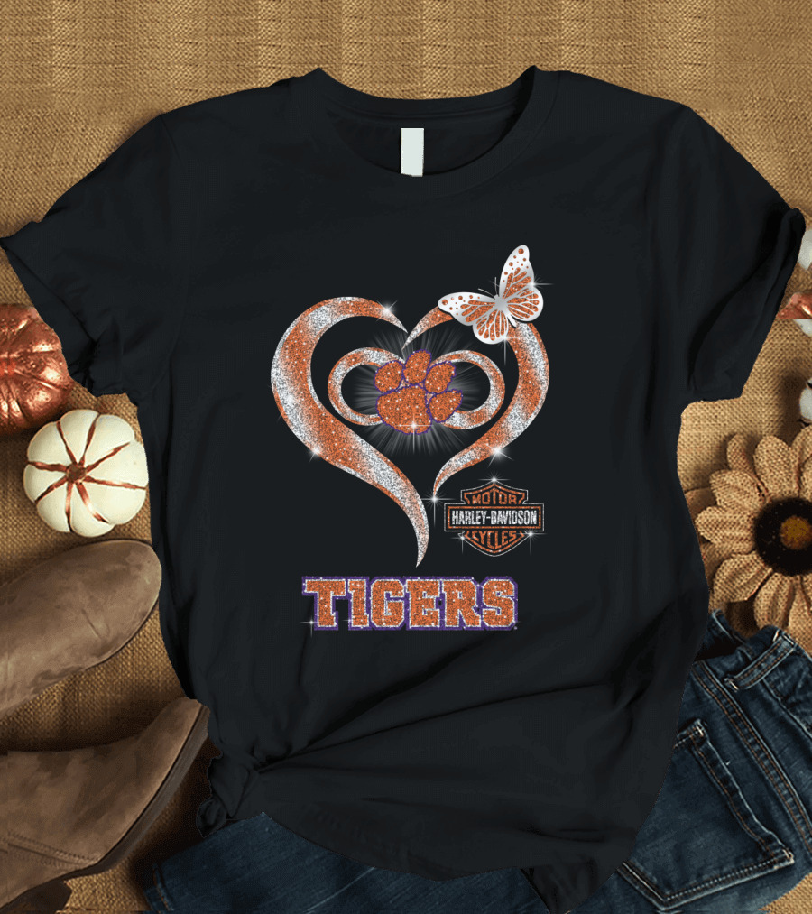 Clemson Tigers Harley Davidson Heart With Paw Print And Butterfly T-Shirt
