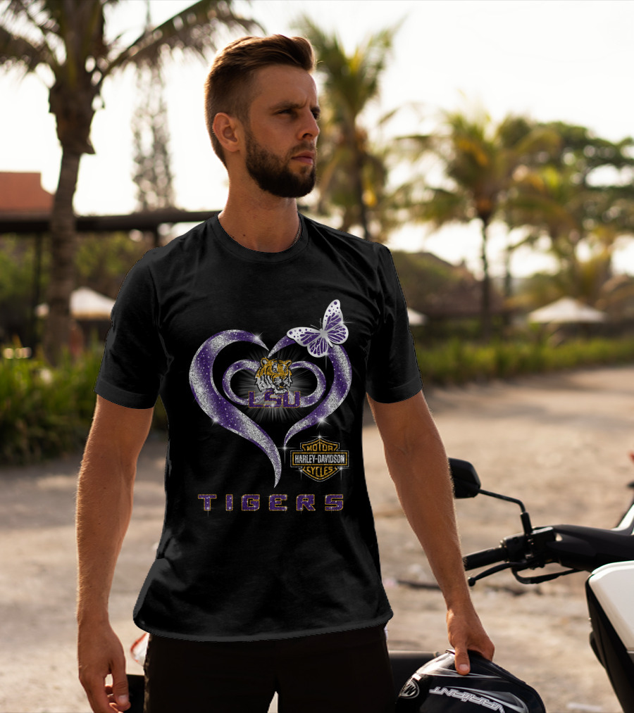 Lsu Tigers Harley Davidson Heart Butterfly T-Shirt