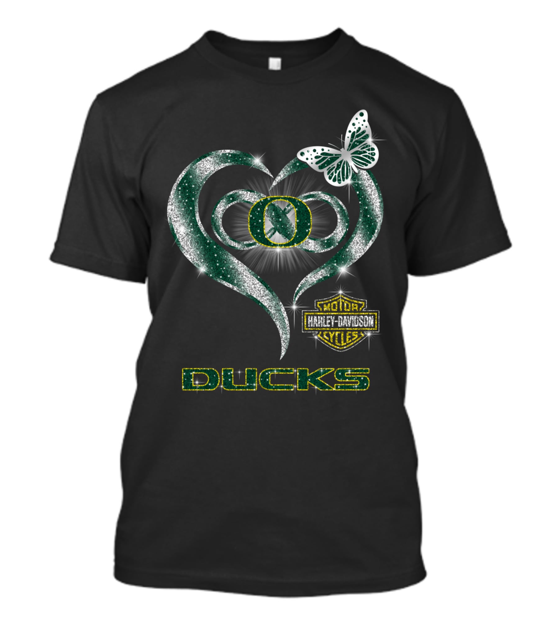 Hlh01 Oregon Ducks Harley Davidson Heart Butterfly T-Shirt