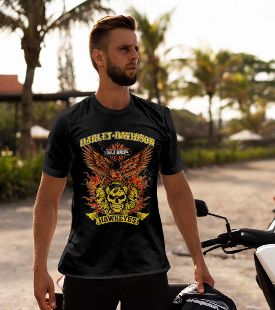 Harley Davidson Iowa Hawkeyes Flaming Skulls And Eagle T-Shirt