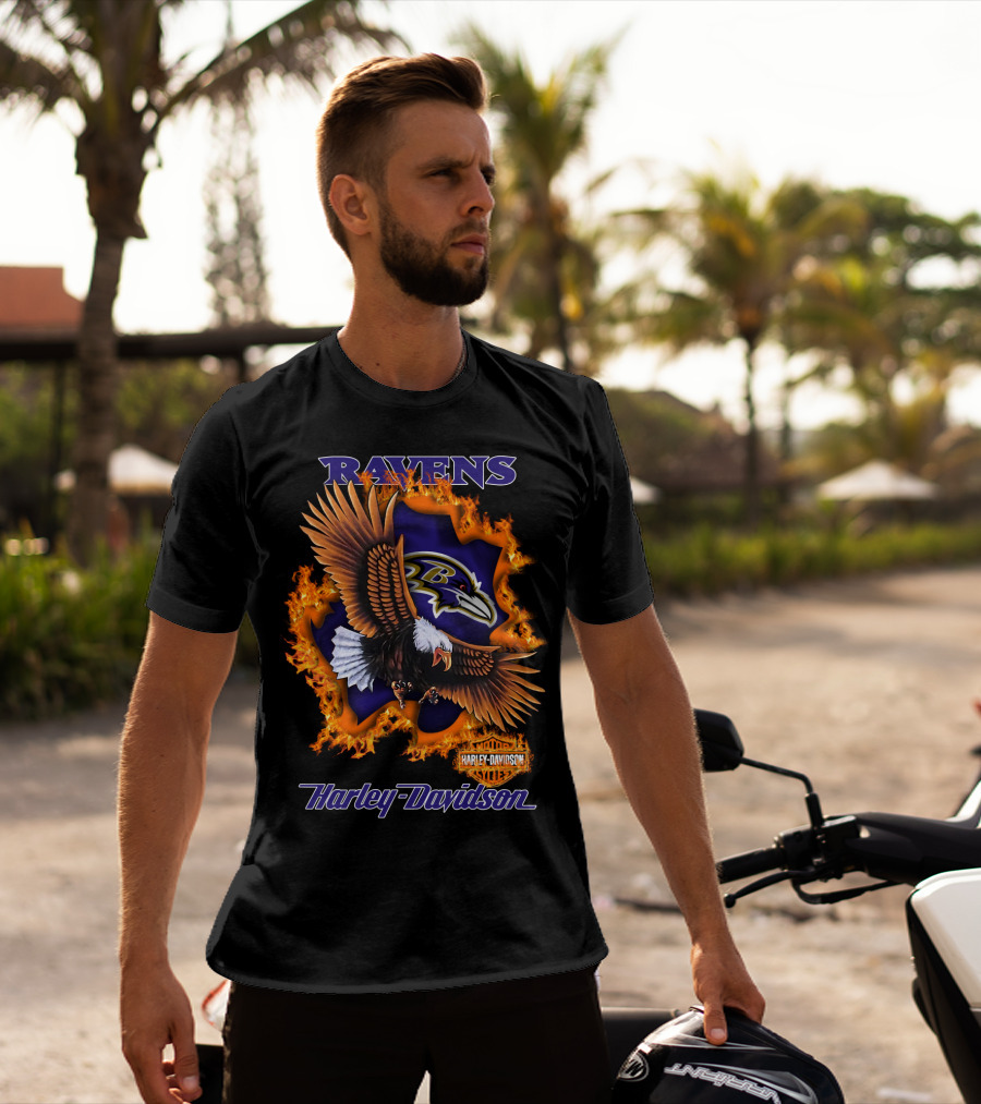 Ravens Harley Davidson Baltimore Ravens Logo Eagle Fire T-Shirt