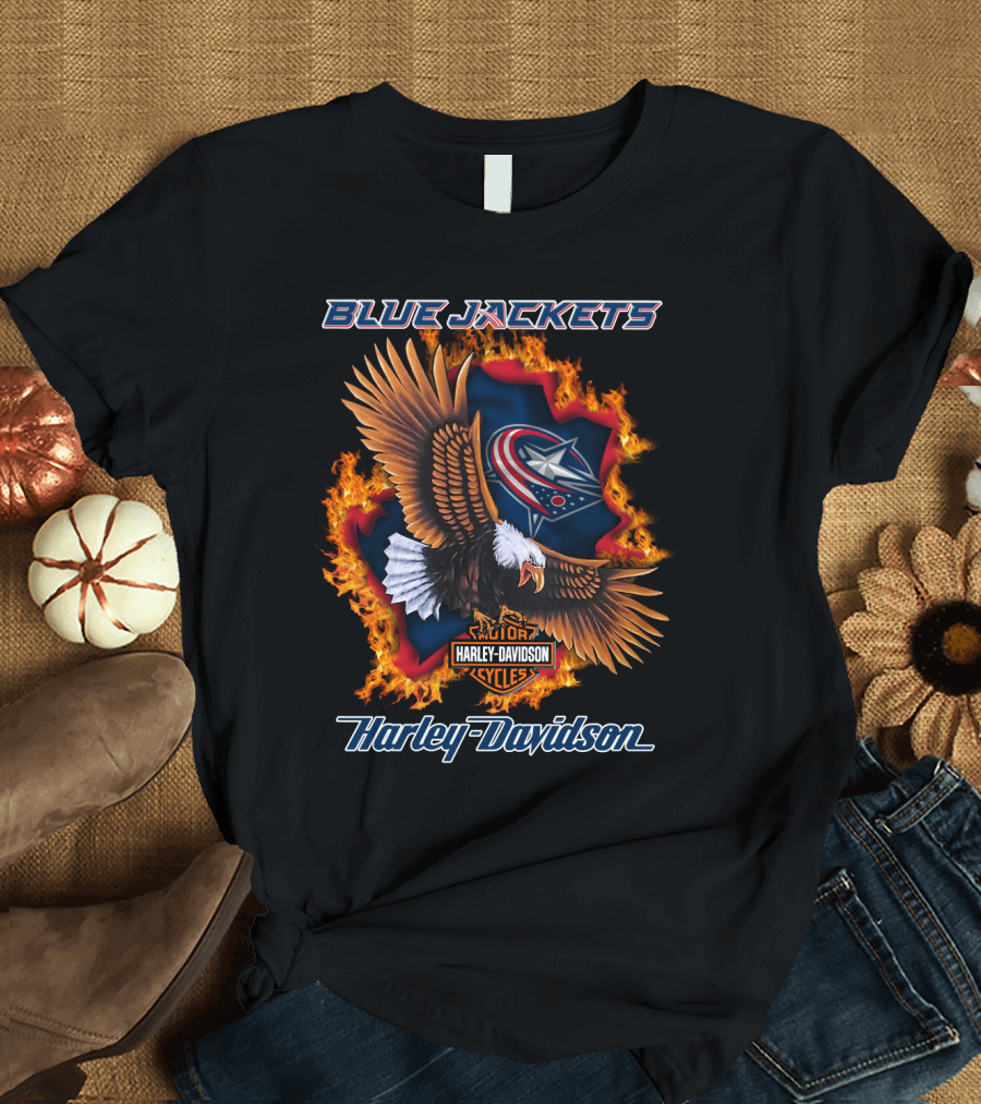 Blue Jackets Harley Davidson Columbus Nhl Cycles Eagle Flame T-Shirt